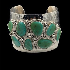 Vintage Ben-Amun Hammered Silver Tone Faux Turquoise Cuff Bracelet